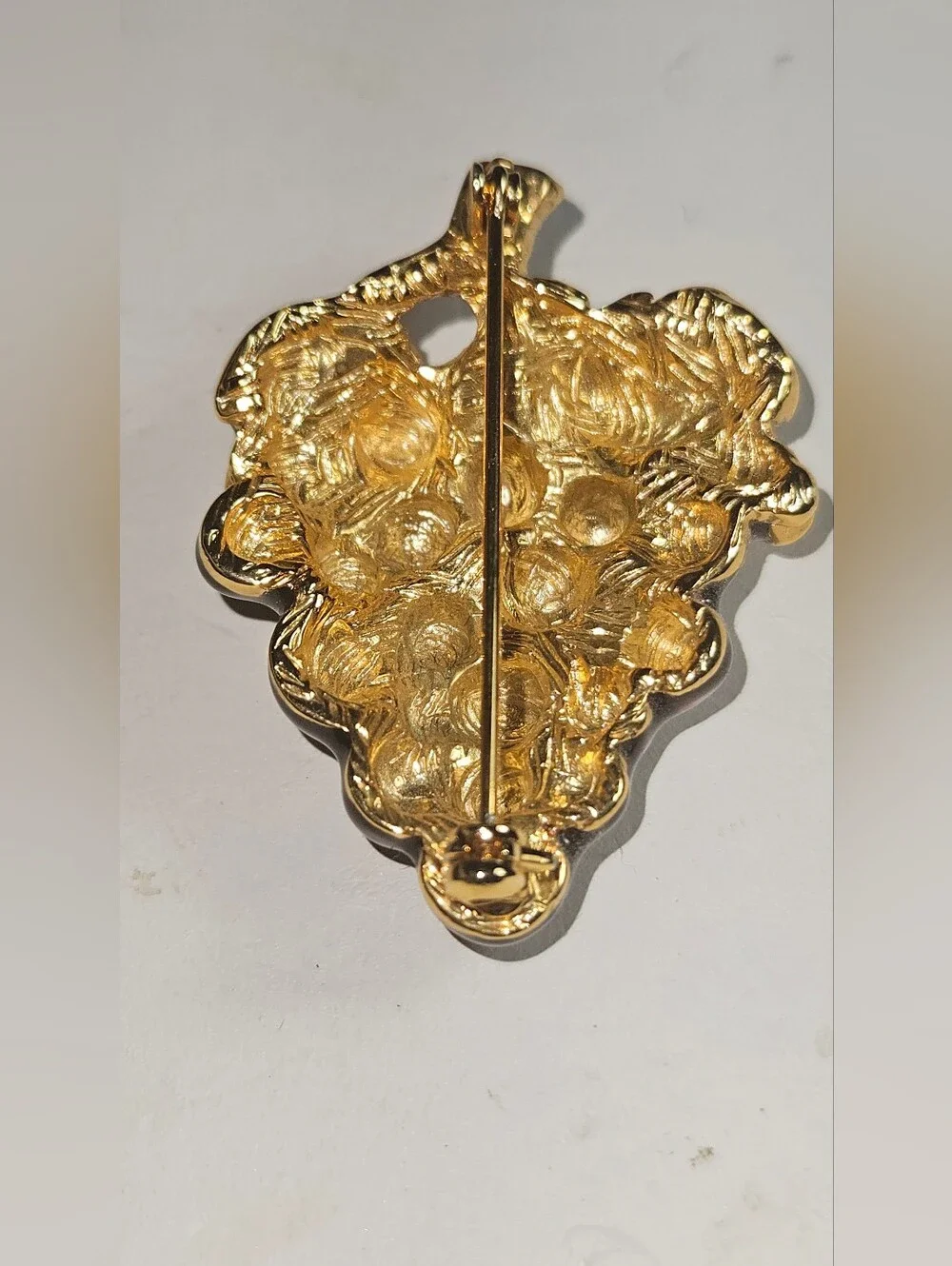 Gold-Tone Brown Grape Cluster Brooch with Green Accents